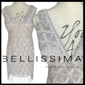 Bellissima Pewter Metallic Crochet V-Neck Sleeveless Fringe Hem Mini Dress (6/8)